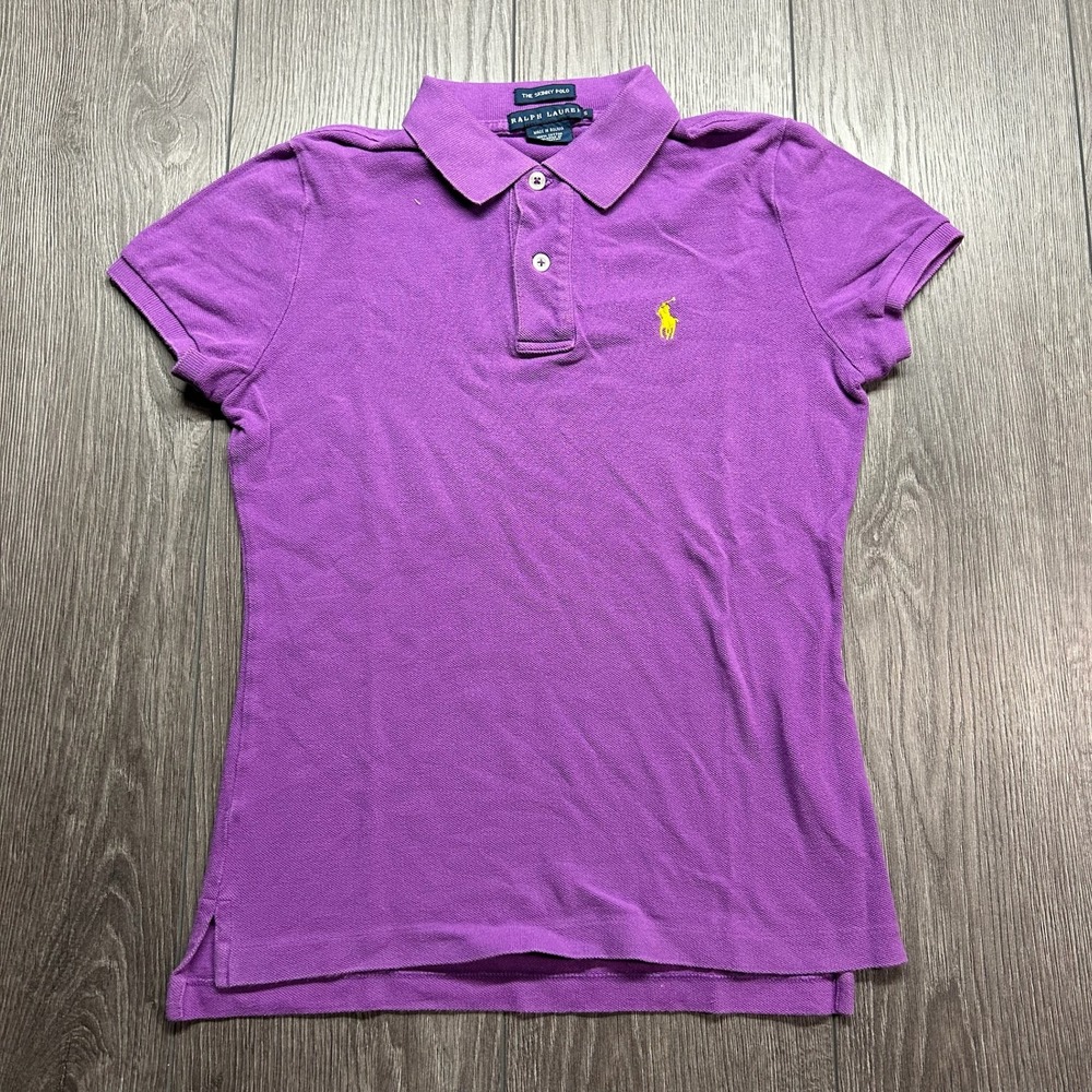 Ralph Lauren Skinny Polo Shirt Womens Small Purple Yellow Pony Y2K Cotton Pique